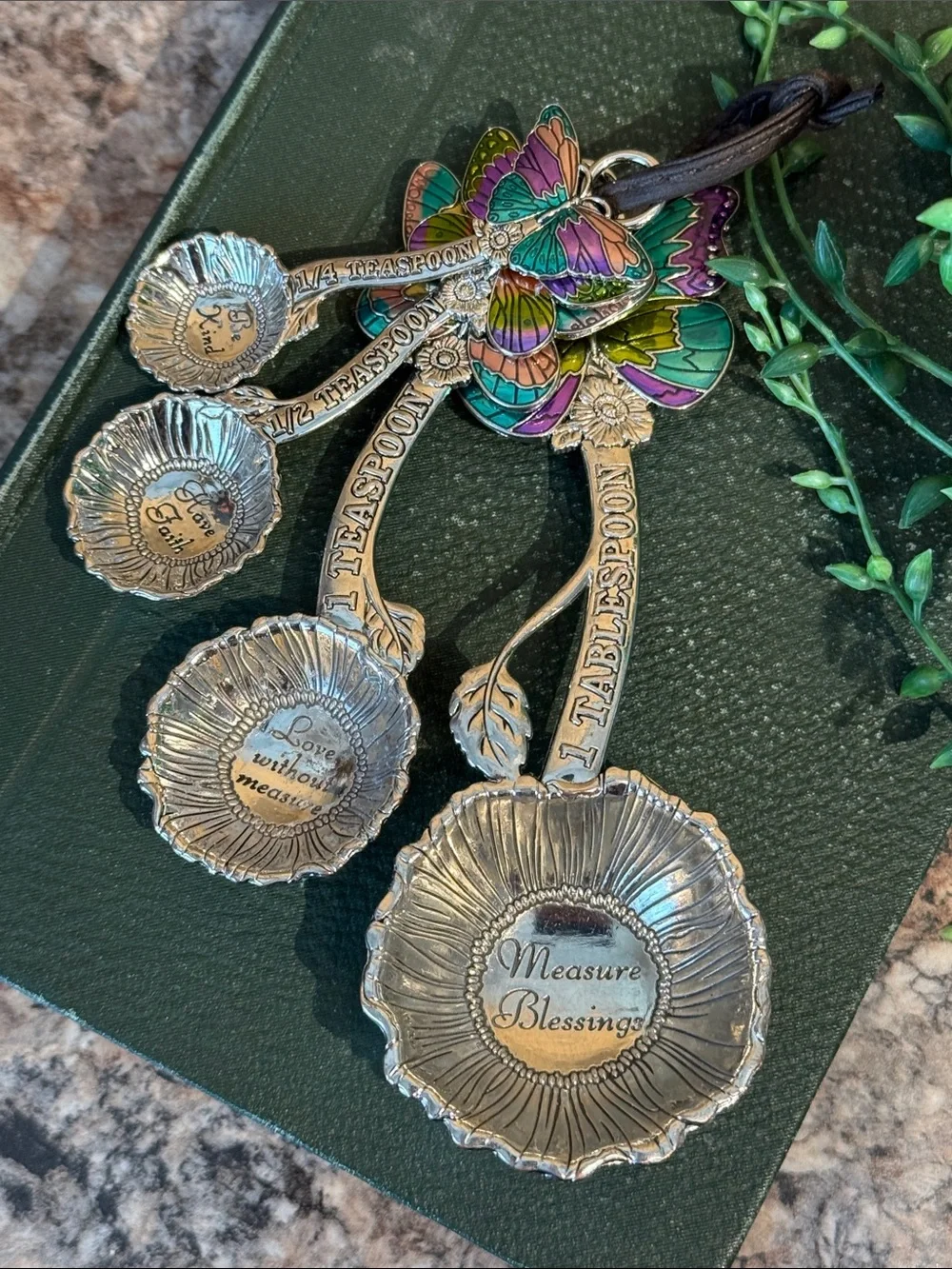 Silver Floral Measuring Spoon Set with Colorful Butterfly Handles
